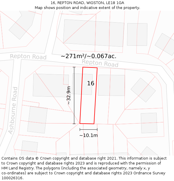 16, REPTON ROAD, WIGSTON, LE18 1GA: Plot and title map