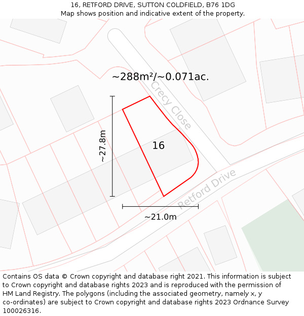 16, RETFORD DRIVE, SUTTON COLDFIELD, B76 1DG: Plot and title map