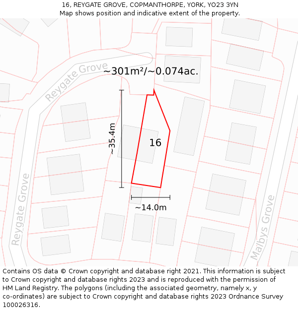 16, REYGATE GROVE, COPMANTHORPE, YORK, YO23 3YN: Plot and title map