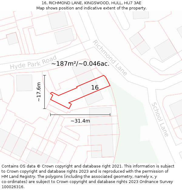 16, RICHMOND LANE, KINGSWOOD, HULL, HU7 3AE: Plot and title map