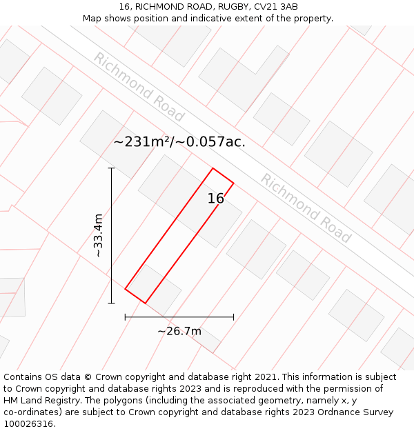 16, RICHMOND ROAD, RUGBY, CV21 3AB: Plot and title map