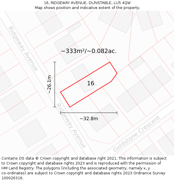 16, RIDGEWAY AVENUE, DUNSTABLE, LU5 4QW: Plot and title map