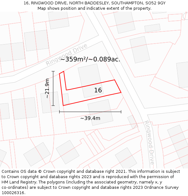16, RINGWOOD DRIVE, NORTH BADDESLEY, SOUTHAMPTON, SO52 9GY: Plot and title map