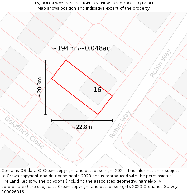 16, ROBIN WAY, KINGSTEIGNTON, NEWTON ABBOT, TQ12 3FF: Plot and title map