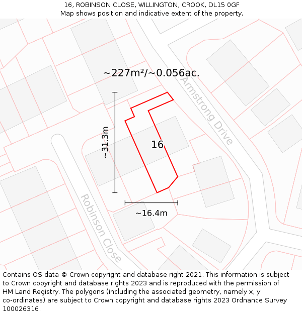 16, ROBINSON CLOSE, WILLINGTON, CROOK, DL15 0GF: Plot and title map