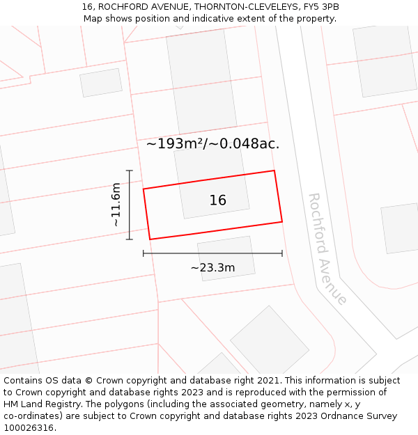 16, ROCHFORD AVENUE, THORNTON-CLEVELEYS, FY5 3PB: Plot and title map