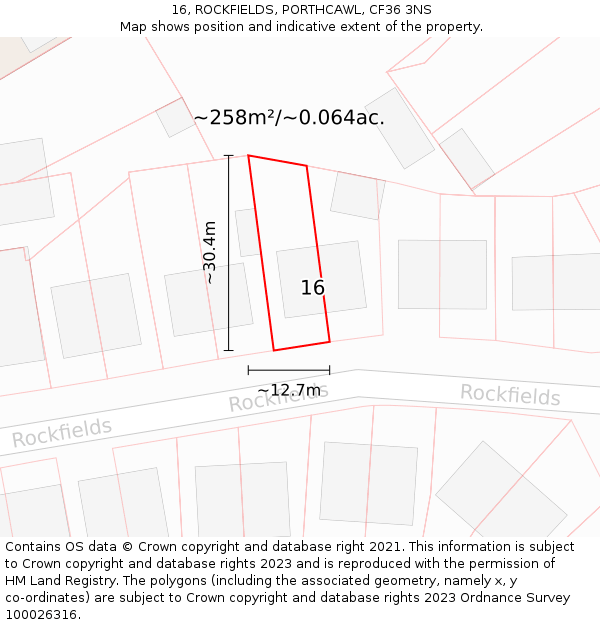 16, ROCKFIELDS, PORTHCAWL, CF36 3NS: Plot and title map