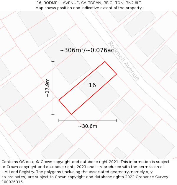 16, RODMELL AVENUE, SALTDEAN, BRIGHTON, BN2 8LT: Plot and title map