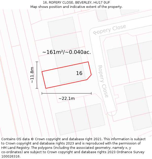 16, ROPERY CLOSE, BEVERLEY, HU17 0UF: Plot and title map