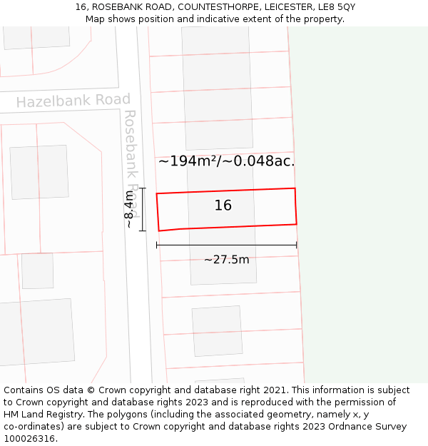 16, ROSEBANK ROAD, COUNTESTHORPE, LEICESTER, LE8 5QY: Plot and title map