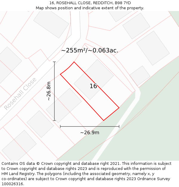 16, ROSEHALL CLOSE, REDDITCH, B98 7YD: Plot and title map