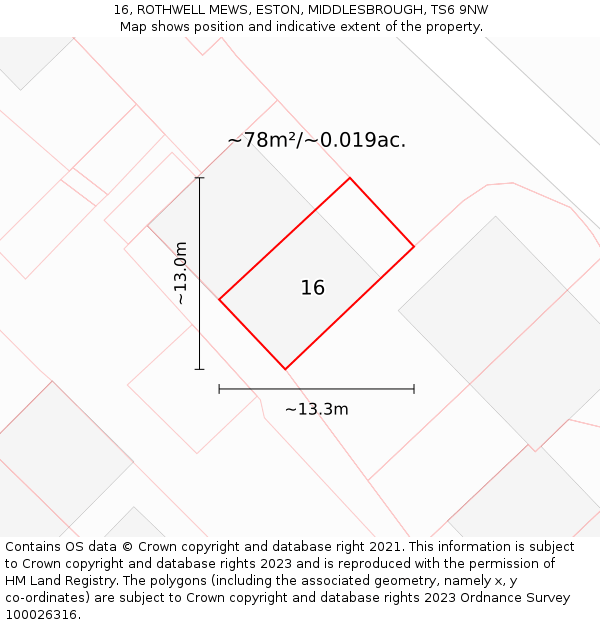16, ROTHWELL MEWS, ESTON, MIDDLESBROUGH, TS6 9NW: Plot and title map