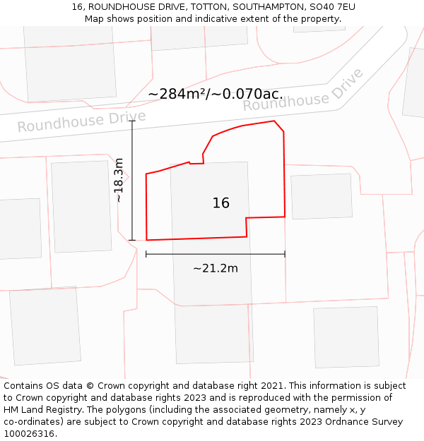 16, ROUNDHOUSE DRIVE, TOTTON, SOUTHAMPTON, SO40 7EU: Plot and title map