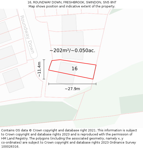 16, ROUNDWAY DOWN, FRESHBROOK, SWINDON, SN5 8NT: Plot and title map