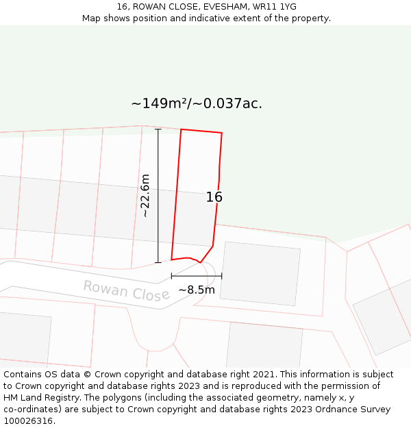 16, ROWAN CLOSE, EVESHAM, WR11 1YG: Plot and title map