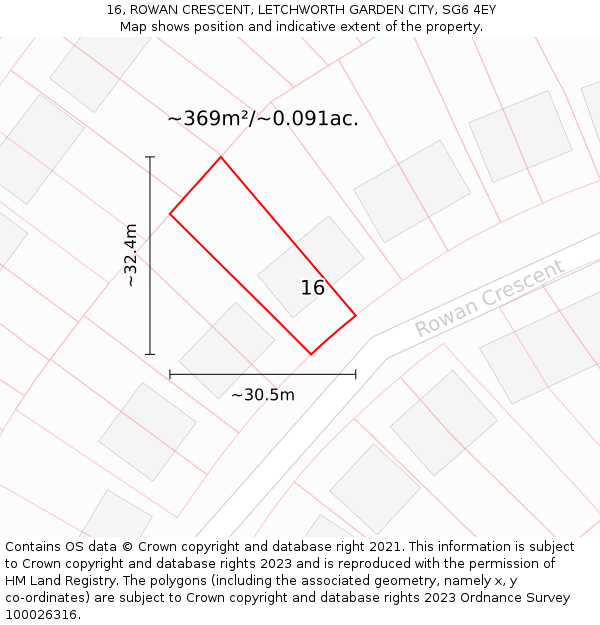 16, ROWAN CRESCENT, LETCHWORTH GARDEN CITY, SG6 4EY: Plot and title map