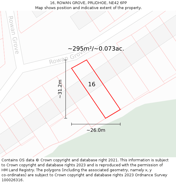 16, ROWAN GROVE, PRUDHOE, NE42 6PP: Plot and title map