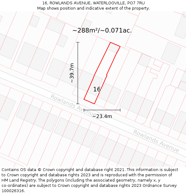 16, ROWLANDS AVENUE, WATERLOOVILLE, PO7 7RU: Plot and title map