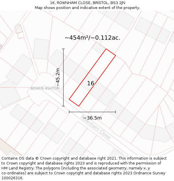 16, ROWNHAM CLOSE, BRISTOL, BS3 2JN: Plot and title map