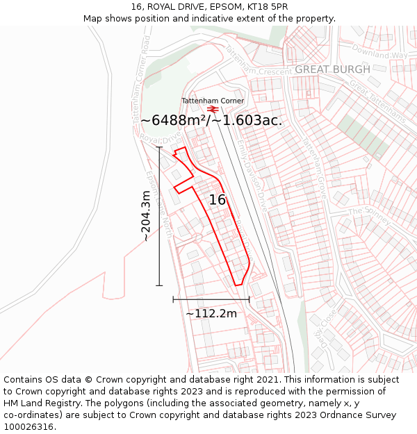 16, ROYAL DRIVE, EPSOM, KT18 5PR: Plot and title map