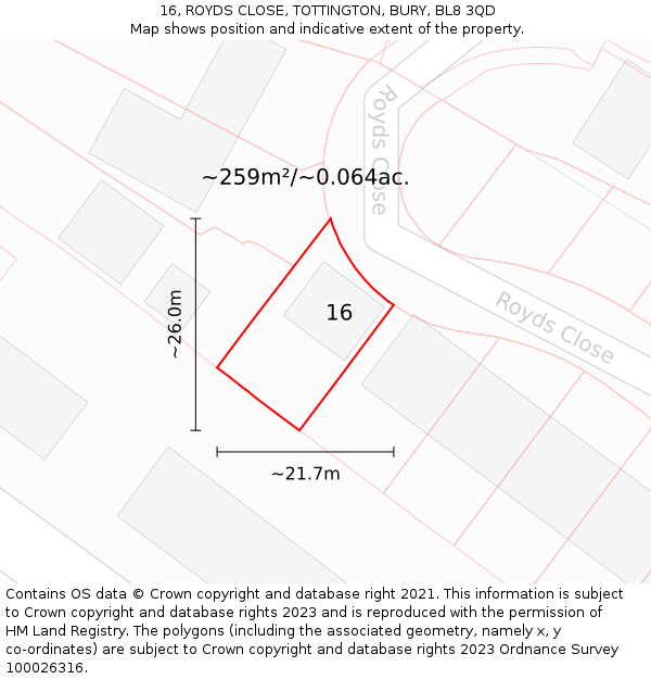 16, ROYDS CLOSE, TOTTINGTON, BURY, BL8 3QD: Plot and title map