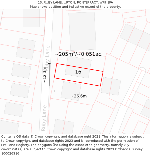 16, RUBY LANE, UPTON, PONTEFRACT, WF9 1FA: Plot and title map