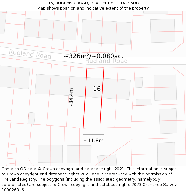 16, RUDLAND ROAD, BEXLEYHEATH, DA7 6DD: Plot and title map