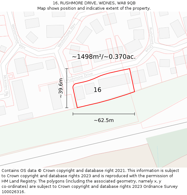 16, RUSHMORE DRIVE, WIDNES, WA8 9QB: Plot and title map