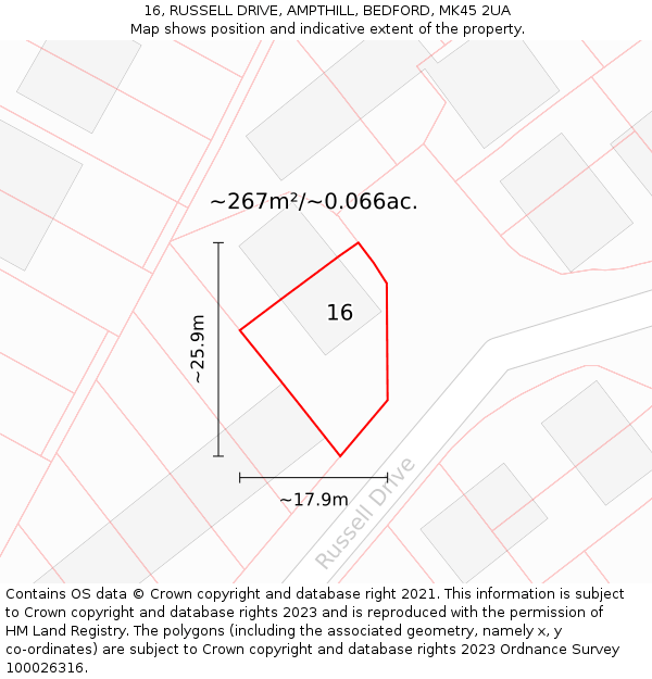 16, RUSSELL DRIVE, AMPTHILL, BEDFORD, MK45 2UA: Plot and title map