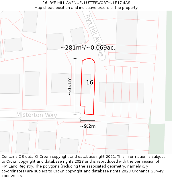 16, RYE HILL AVENUE, LUTTERWORTH, LE17 4AS: Plot and title map