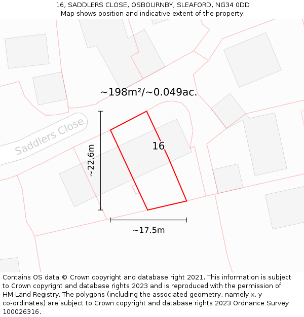 16, SADDLERS CLOSE, OSBOURNBY, SLEAFORD, NG34 0DD: Plot and title map