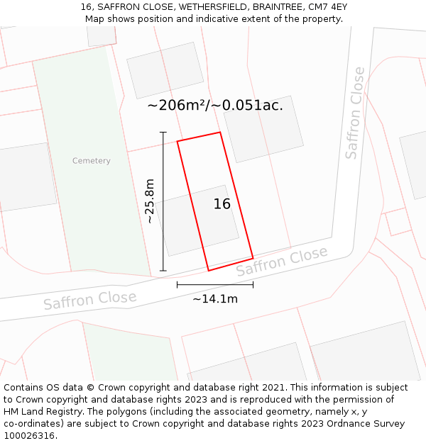 16, SAFFRON CLOSE, WETHERSFIELD, BRAINTREE, CM7 4EY: Plot and title map