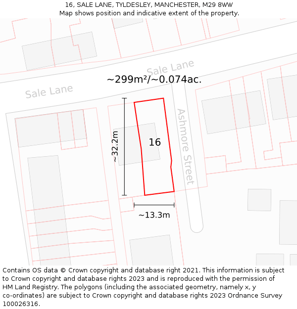 16, SALE LANE, TYLDESLEY, MANCHESTER, M29 8WW: Plot and title map