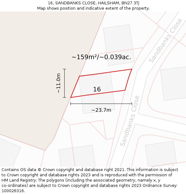 16, SANDBANKS CLOSE, HAILSHAM, BN27 3TJ: Plot and title map