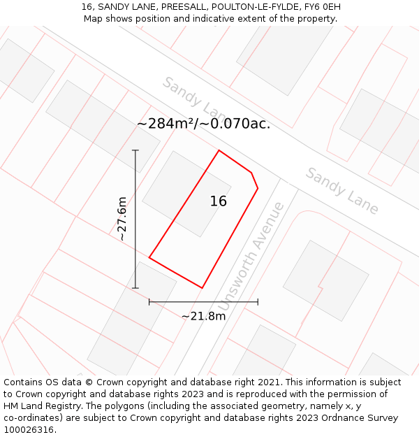 16, SANDY LANE, PREESALL, POULTON-LE-FYLDE, FY6 0EH: Plot and title map