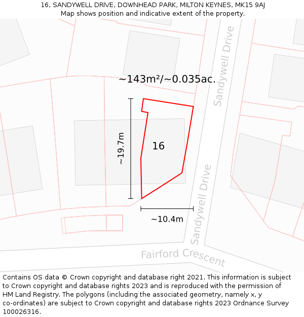 16, SANDYWELL DRIVE, DOWNHEAD PARK, MILTON KEYNES, MK15 9AJ: Plot and title map