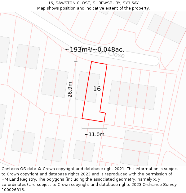 16, SAWSTON CLOSE, SHREWSBURY, SY3 6AY: Plot and title map