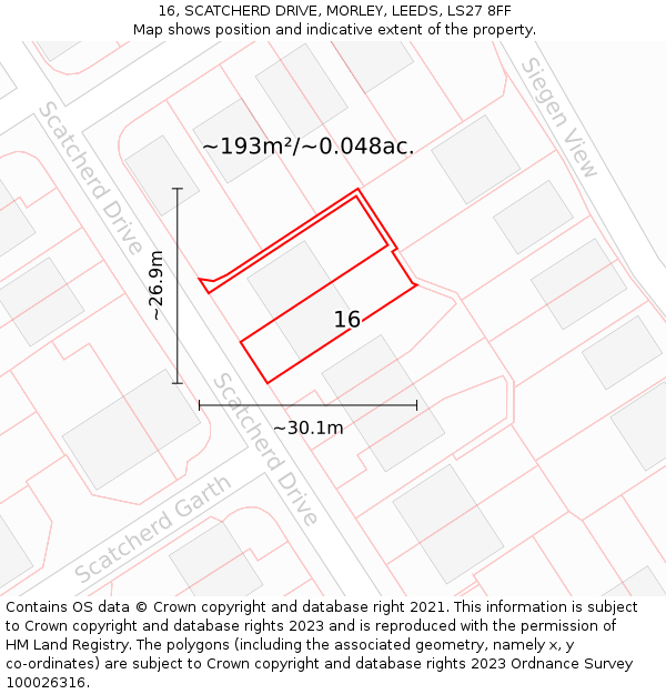 16, SCATCHERD DRIVE, MORLEY, LEEDS, LS27 8FF: Plot and title map