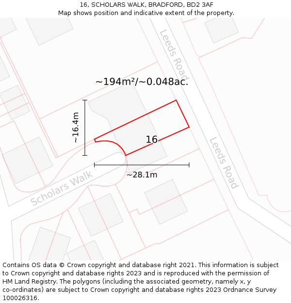 16, SCHOLARS WALK, BRADFORD, BD2 3AF: Plot and title map