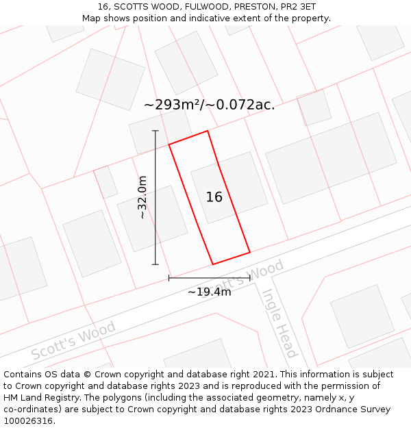 16, SCOTTS WOOD, FULWOOD, PRESTON, PR2 3ET: Plot and title map