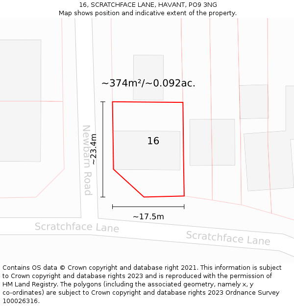 16, SCRATCHFACE LANE, HAVANT, PO9 3NG: Plot and title map