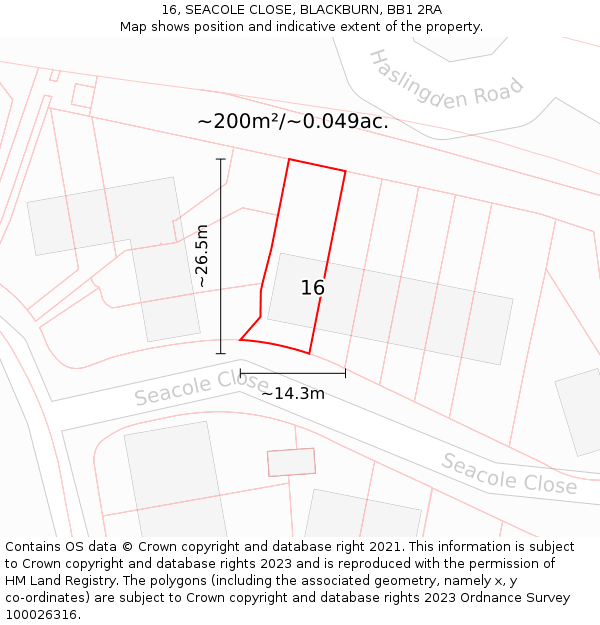 16, SEACOLE CLOSE, BLACKBURN, BB1 2RA: Plot and title map