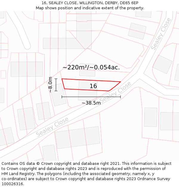 16, SEALEY CLOSE, WILLINGTON, DERBY, DE65 6EP: Plot and title map