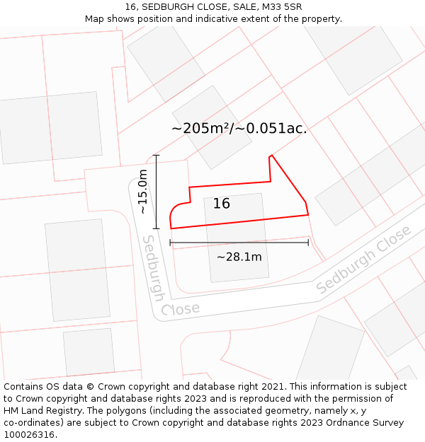 16, SEDBURGH CLOSE, SALE, M33 5SR: Plot and title map