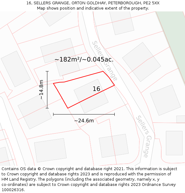 16, SELLERS GRANGE, ORTON GOLDHAY, PETERBOROUGH, PE2 5XX: Plot and title map