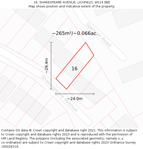 16, SHAKESPEARE AVENUE, LICHFIELD, WS14 9BE: Plot and title map