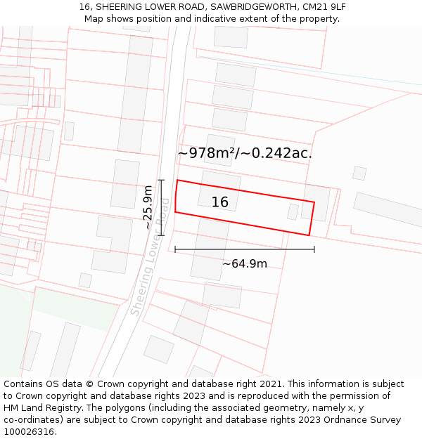 16, SHEERING LOWER ROAD, SAWBRIDGEWORTH, CM21 9LF: Plot and title map