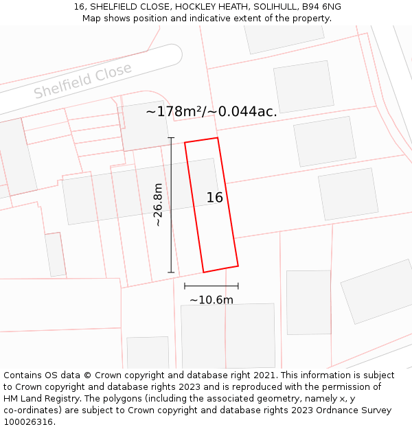 16, SHELFIELD CLOSE, HOCKLEY HEATH, SOLIHULL, B94 6NG: Plot and title map