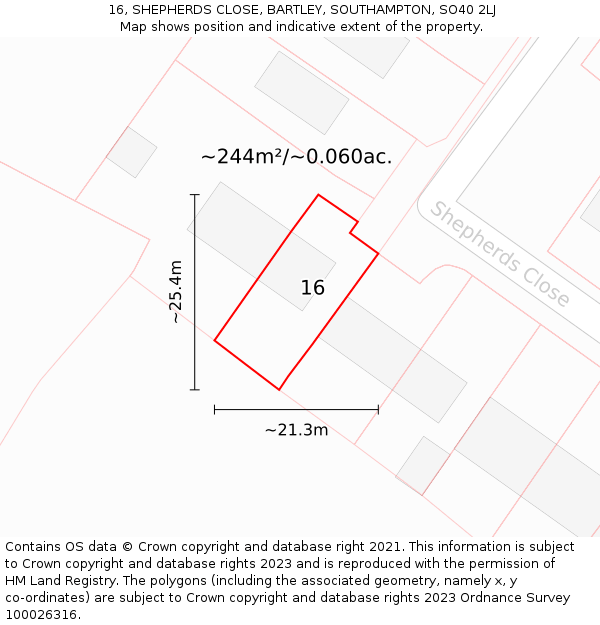 16, SHEPHERDS CLOSE, BARTLEY, SOUTHAMPTON, SO40 2LJ: Plot and title map