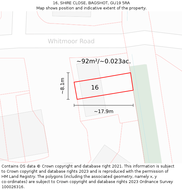 16, SHIRE CLOSE, BAGSHOT, GU19 5RA: Plot and title map